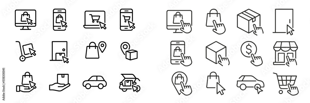 Poster collection of simplified icons representing online shopping activities and delivery systems on vario