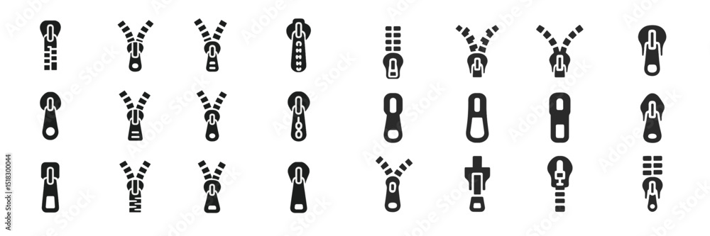 Poster collection of various zipper designs featuring different styles and arrangements for creative projec