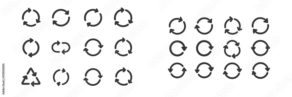 Poster various styles of circular arrows representing recycling and refresh concepts in a minimalist design