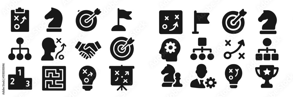 Poster Creative ideas and strategies represented through abstract icons showcasing teamwork and problem-solving in a modern workspace