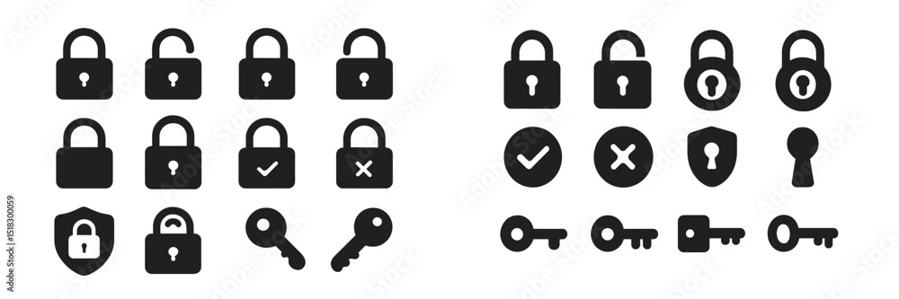 Poster Collection of lock and key icons with various designs displayed in a clear grid format