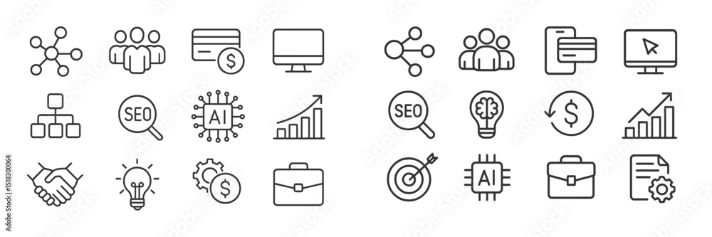Poster collection of icons representing business concepts such as teamwork, technology, finance, and analyt