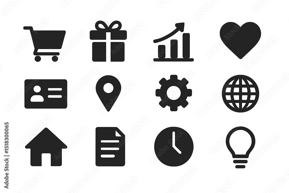 Aufkleber collection of black icons representing various activities and concepts related to commerce, communic