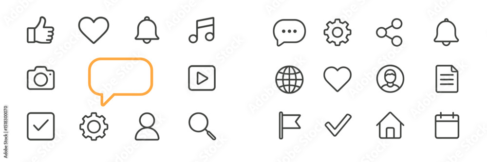 Fototapete collection of simple line icons representing social media and communication concepts in a minimalist