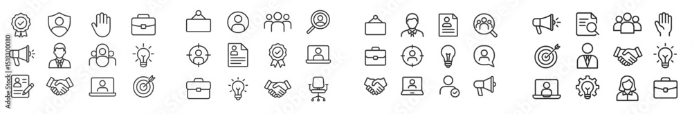 Poster collection of minimalistic line icons representing various professional activities and concepts in m
