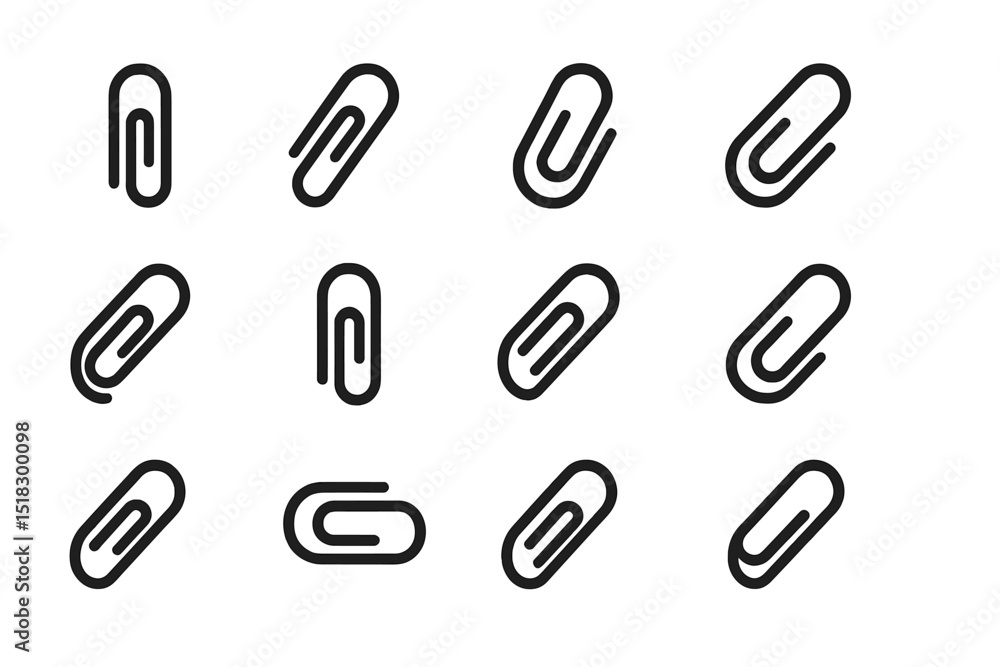Aufkleber collection of simple black line paper clip designs on a white background for creative use and digita