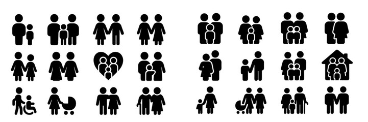Diverse symbols representing various family structures and relationships in a minimalist design