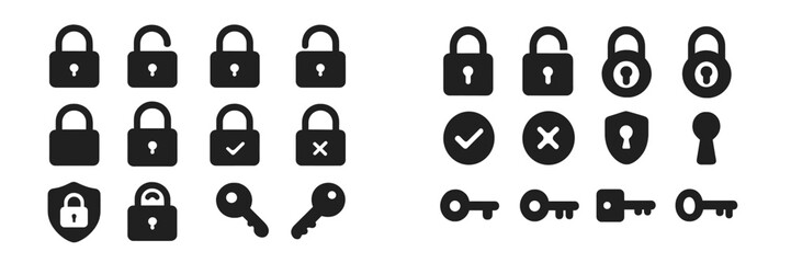 Collection of lock and key icons with various designs displayed in a clear grid format