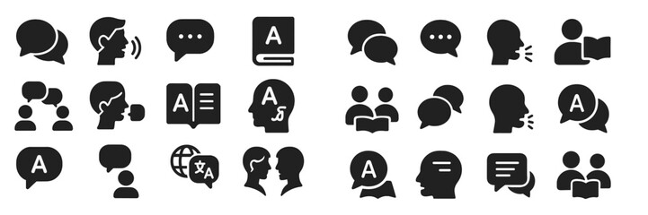 Various communication icons depicting speech, dialogue, and language exchange in a modern graphic style