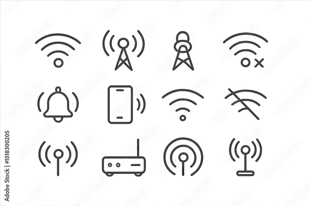 Poster communication symbols depicting wireless signals and connectivity issues in a modern digital environ