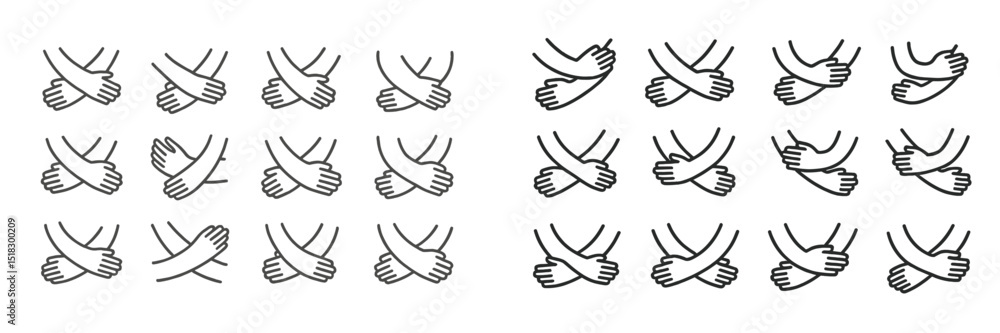 Poster Diverse hand gestures demonstrating various ways to cross arms and express body language in a minimalist style