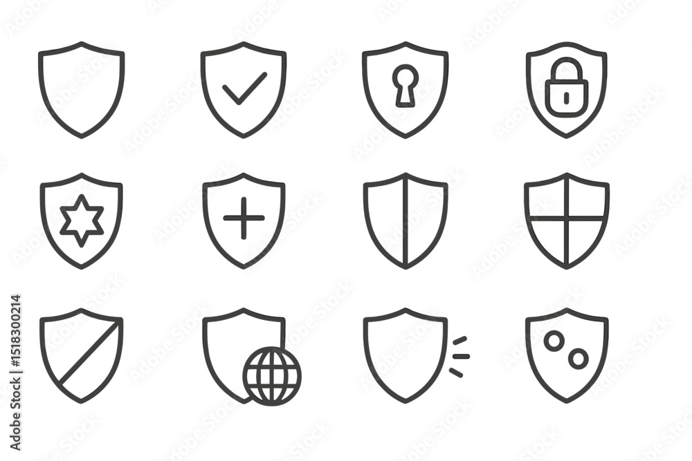 Poster various shield icons representing security, protection, and trust in a minimalist design layout