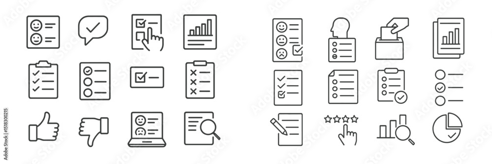 Poster Collection of icons representing survey and feedback concepts in a minimalistic design suitable for digital applications