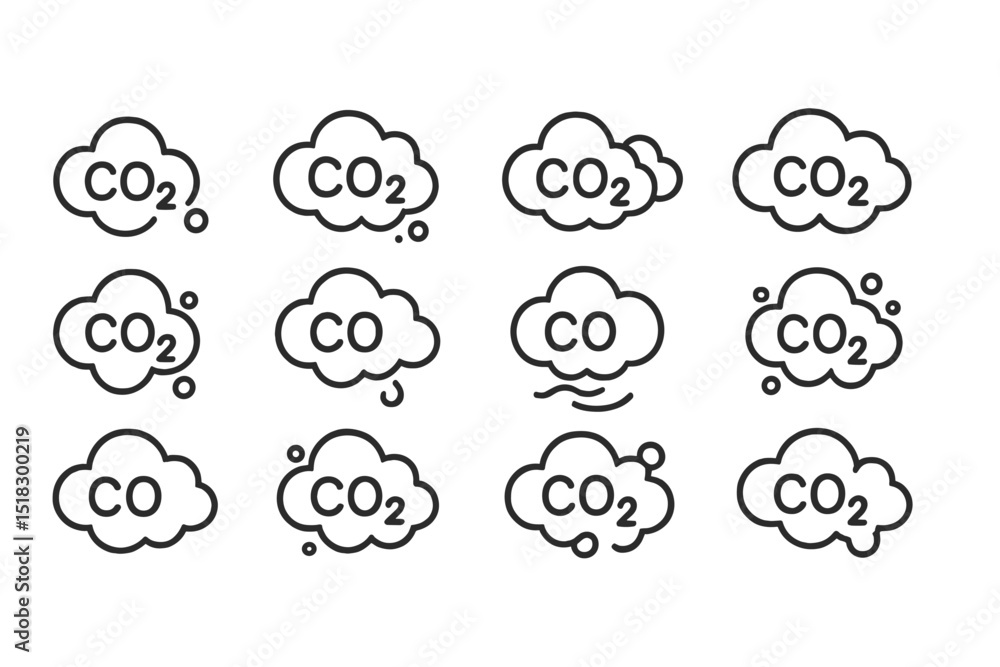 Poster carbon dioxide icons in various styles representing pollution and climate change concepts