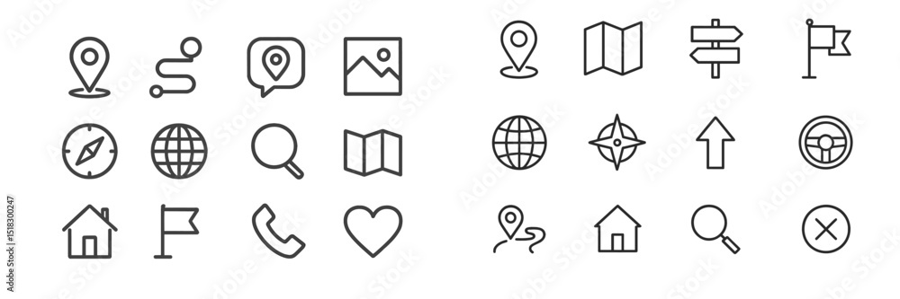 Poster collection of minimalistic location and navigation icons suitable for web or app design