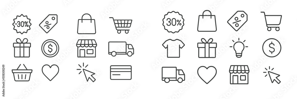 Poster various shopping icons symbolizing discounts and retail activities in a minimalistic style on a whit
