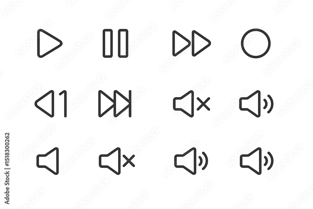 Poster Collection of multimedia control icons representing play, pause, rewind, and volume settings for user interfaces