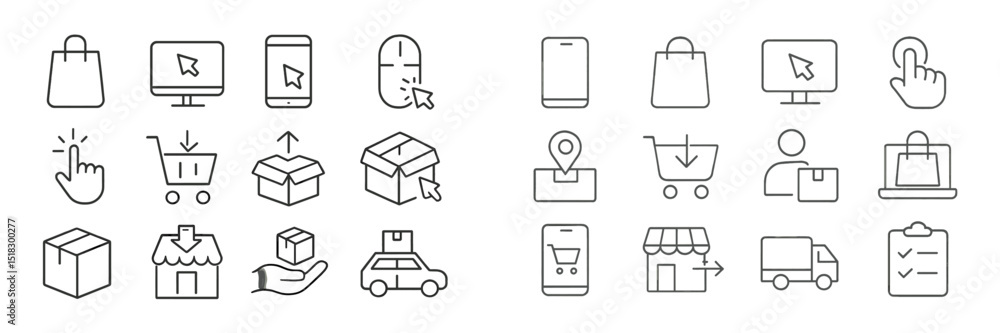 Poster e-commerce icon set representing shopping experience and online transactions in digital environment