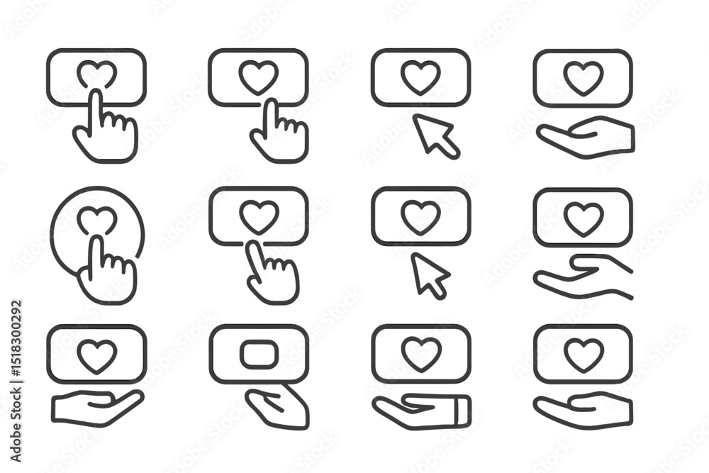 Aufkleber set of hand-drawn icons illustrating liking and sharing actions in digital interfaces