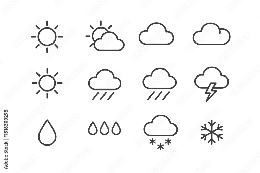 Aufkleber different weather icons representing sunny, cloudy, rainy, and snowy conditions in a simple design l