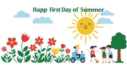 Happy First Day of Summer with Children Playing Outdoors Illustration