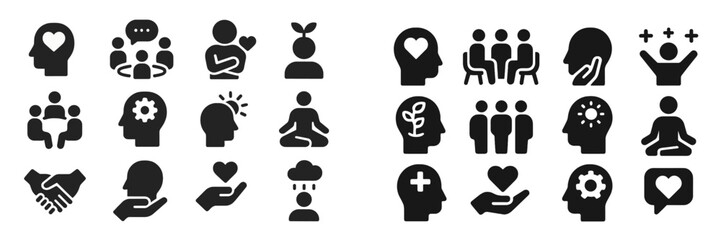 Various symbols depicting mental health, support, and self-care practices in a modern graphic design