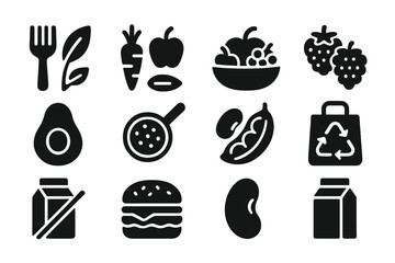 Variety of food icons depicting healthy choices, recycling, and kitchen essentials displayed in black and white style