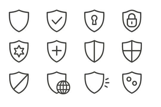 Various shield icons representing security, protection, and trust in a minimalist design layout