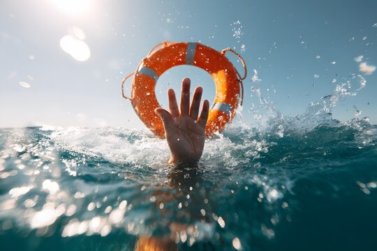 Drowning person with raised hand reaching for a life buoy in blue water, a person is drowning in the ocean and reaching for a life preserver