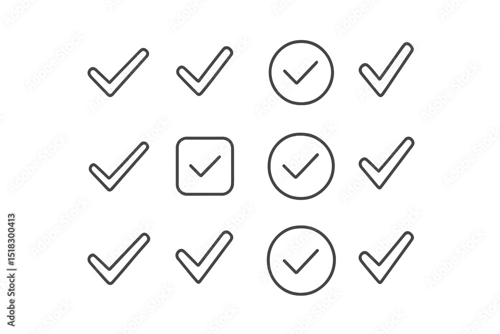 Poster symbols of confirmation and approval arranged in a neat pattern on a white background