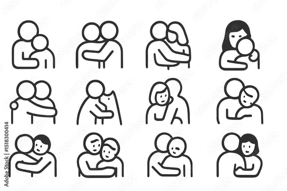 Poster Different ways of showing affection in simple line drawings of couples embracing and hugging in various poses and situations