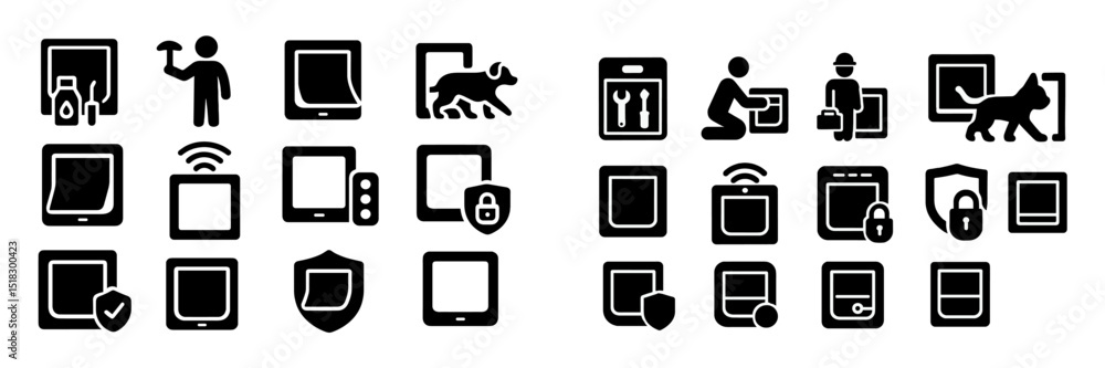 Aufkleber collection of minimalist repair and service icons displayed in black and white on a plain background