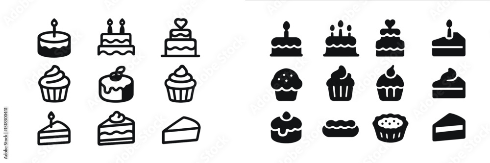 Poster variety of dessert illustrations featuring cakes and cupcakes in black outline style suitable for me