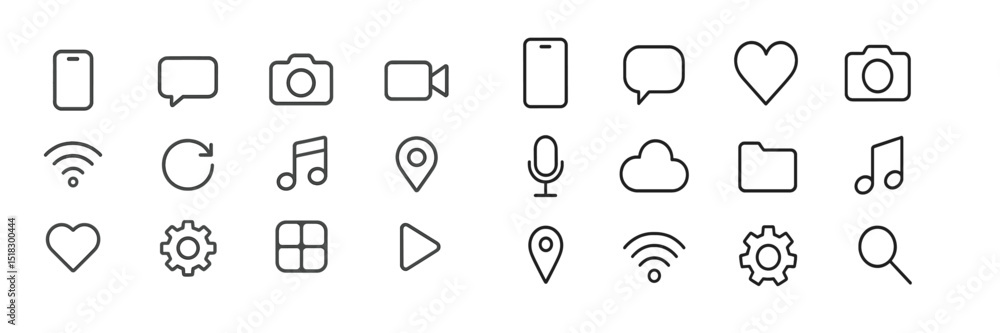 Aufkleber Collection of minimalist icons representing communication, media, and technology in a clean layout suitable for digital design