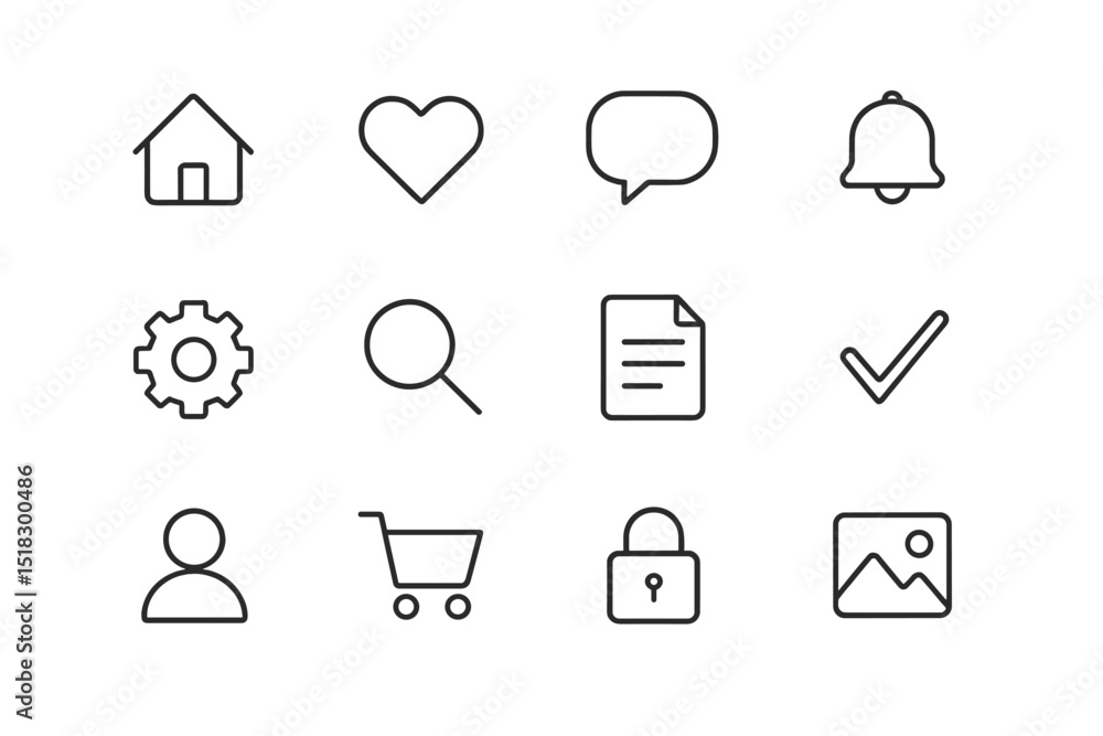 Poster icon set representing common user interface elements for digital applications and websites, designed