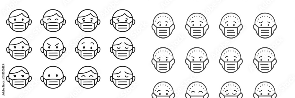 Poster variety of facial expressions shown by characters wearing masks in a clean and simple design