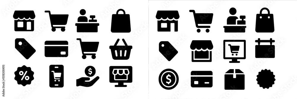 Poster icons representing shopping and retail activities focused on consumer goods and transactions in a mi