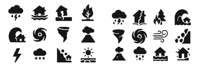 Various natural disaster icons depicting severe weather conditions and emergency situations for educational use