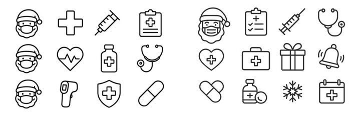 Holiday-themed healthcare icons illustrating Santa Claus alongside medical symbols, suitable for festive health promotions and campaigns