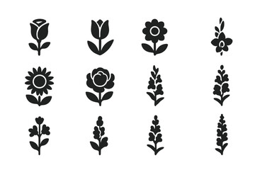Collection of simple black flower designs on a white background suitable for decor and graphic use