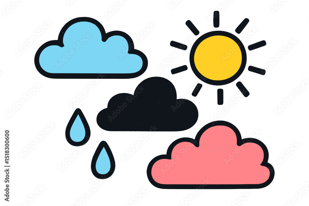 Poster weather symbols depicting sun, rain, and clouds illustrating different weather conditions in a simpl