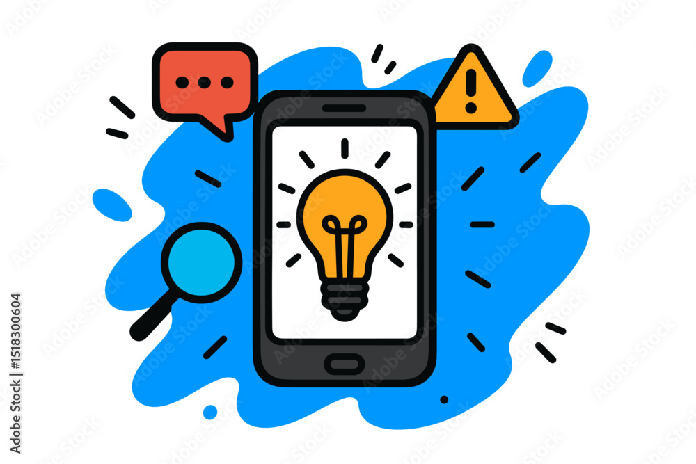 Aufkleber smartphone displaying a light bulb symbolizing ideas and communication in a bright digital illustrat