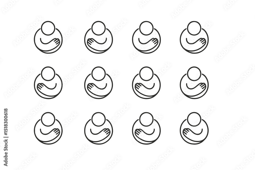 Poster group of twelve icons depicting people embracing themselves in a circular formation on a blank backg