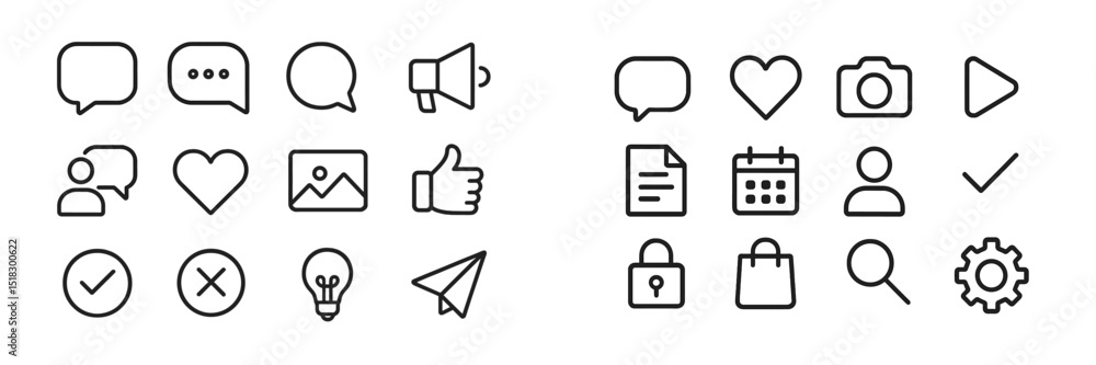 Poster Collection of simple line icons representing various communication and social media concepts in a modern design
