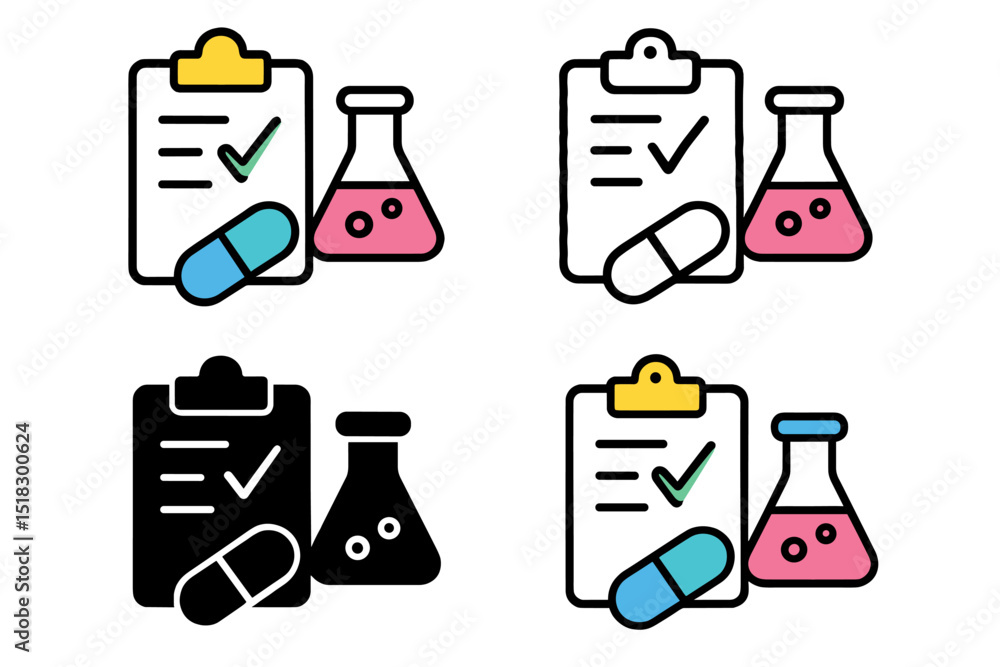 Poster colorful icons representing pharmaceutical research and development processes in a lab setting