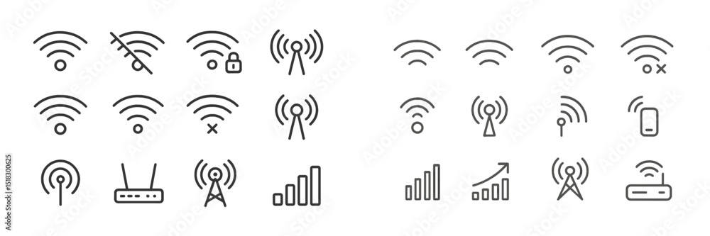 Poster Various wireless connectivity symbols and icons representing network status and signal strength for user interface design