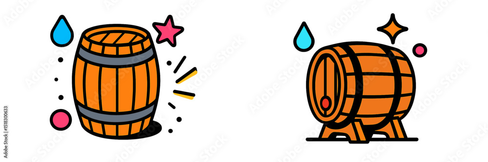 Poster colorful artistic representation of barrels with playful designs and elements