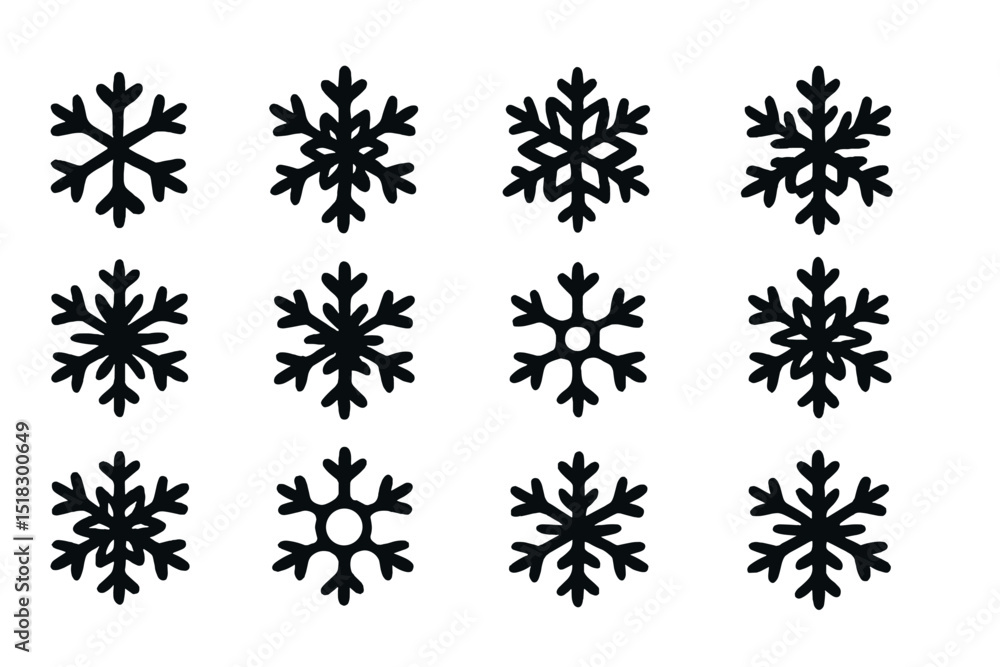 Poster various decorative black snowflake designs on a white background showcasing winter patterns for seas