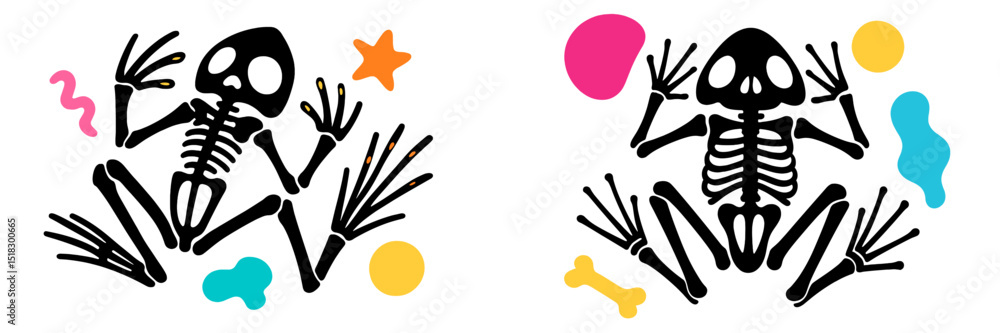 Poster skeleton figures playfully positioned among colorful shapes in a whimsical design for halloween or c