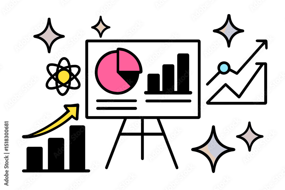 Poster Graphs, charts, and symbols showcasing data analysis and performance trends in a modern business setting